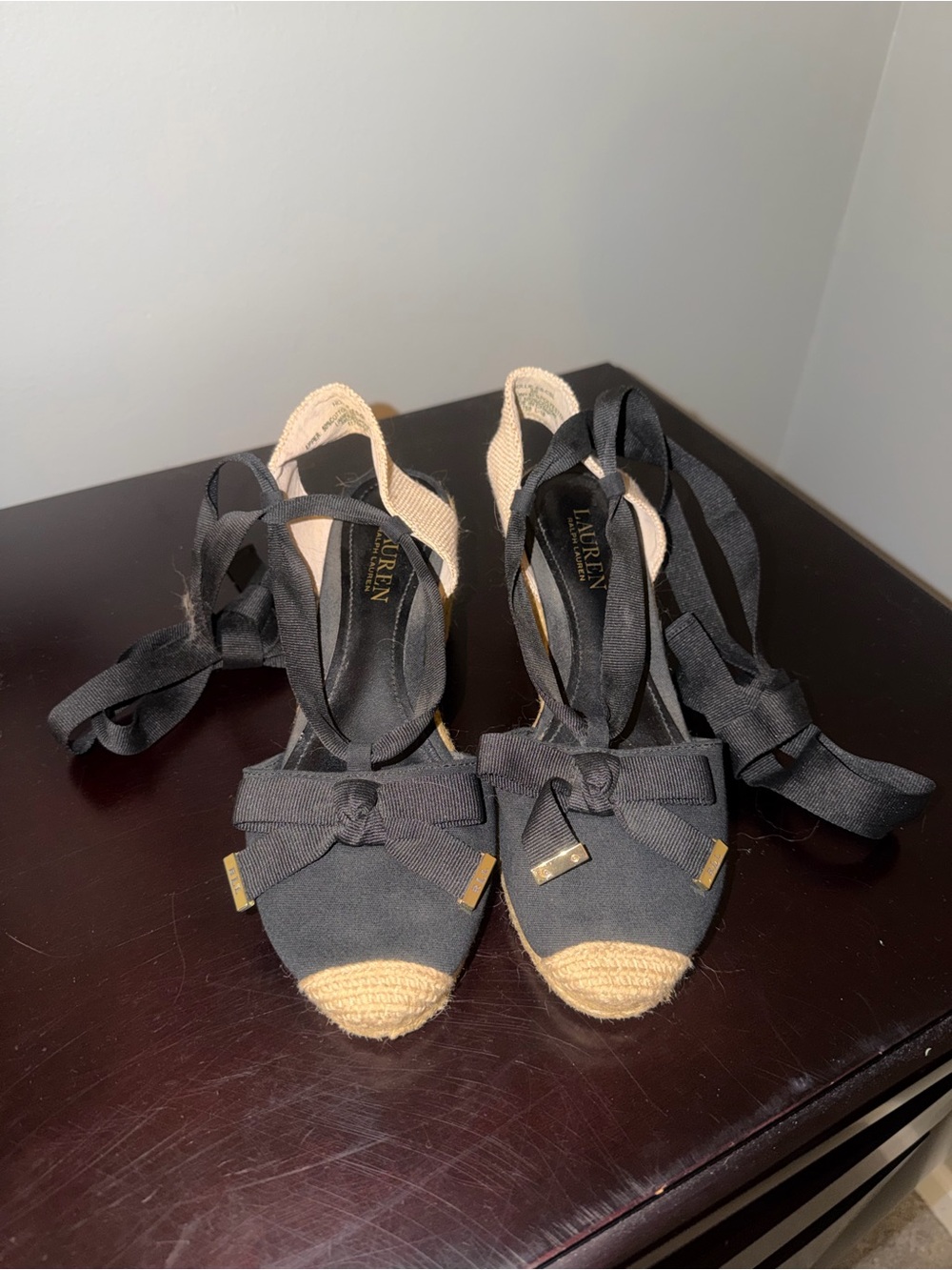 Ralph Lauren Black Canvas Espadrille Wedges with Bow and Ankle Ties